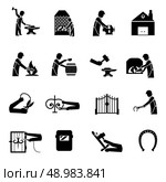Blacksmith icons black set with man welding molding forging bending metal isolated vector illustration. Blacksmith Icons Black. Стоковая иллюстрация, агентство Ingram Publishing / Фотобанк Лори