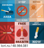 Stop smoking unhealthy habit flyers mini poster set isolated vector illustration. Smoking Mini Poster Set. Стоковая иллюстрация, агентство Ingram Publishing / Фотобанк Лори