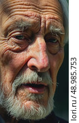 A close-up of an old man's face streaked with sadness and thoughtful as he listens to a lamentation song, the shadows of tree branches dancing across his face. Стоковое AI-видео, аниматор Sergey Grishin / Фотобанк Лори