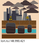 Power plant smokestacks emitting smoke over urban cityscape in cartoon style. Smokestack in factory with black yellow sky and clouds. Стоковая иллюстрация, агентство Ingram Publishing / Фотобанк Лори
