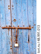 metal nail dirty   stripped paint in the brown   red wood door and rusty  knocker. Стоковое фото, агентство Ingram Publishing / Фотобанк Лори
