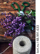 bunch of fresh blooming fragrant lavender on wooden background. Стоковое фото, агентство Ingram Publishing / Фотобанк Лори