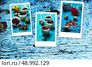 collage of tea paraphernalia and scattered leaves on wooden table. tea brew . Стоковое фото, агентство Ingram Publishing / Фотобанк Лори