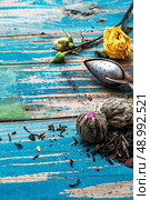 Tea leaves for brewing,tea spoon and dried yellow rose.The image is tinted in vintage style. Стоковое фото, агентство Ingram Publishing / Фотобанк Лори