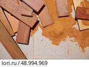 Carpeenter sawdust and decking pieces after ipe wood deck work. Стоковое фото, агентство Ingram Publishing / Фотобанк Лори