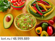 Mexican food mixed guacamole nachos chili sauce dipping cheddar cheese lemon pico de gallo. Стоковое фото, агентство Ingram Publishing / Фотобанк Лори