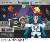 Smiling astronaut in spaceship interior with planets rockets and ufo on background vector illustration. Astronaut In Spaceship. Стоковая иллюстрация, агентство Ingram Publishing / Фотобанк Лори