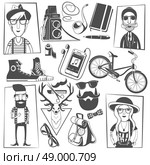 Distinctively dressed young man and women hipsters with vintage camera black symbols composition print abstract vector illustration. Hipster black icons composition print. Стоковая иллюстрация, агентство Ingram Publishing / Фотобанк Лори