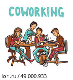 Coworking center with business workgroup at the table sketch vector illustration. Coworking Sketch Illustration. Стоковая иллюстрация, агентство Ingram Publishing / Фотобанк Лори