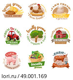 Farm Flat Emblem Set . Farm organic fresh and locally grown production symbols and text flat color emblems set isolated vector illustration. Стоковая иллюстрация, агентство Ingram Publishing / Фотобанк Лори