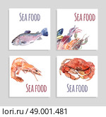 Seafood Watercolor Banners Set. Seafood watercolor square banners set with crabs fish and shrimp isolated vector illustration . Стоковая иллюстрация, агентство Ingram Publishing / Фотобанк Лори