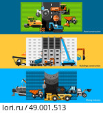  Construction Machines Banners Set. Construction machines horizontal banners set with excavators cranes and bulldozers flat isolated vector illustration . Стоковая иллюстрация, агентство Ingram Publishing / Фотобанк Лори