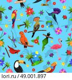 Exotic bird colorful seamless pattern with toucan flamingo and arara vector illustration. Bird Seamless Pattern. Стоковая иллюстрация, агентство Ingram Publishing / Фотобанк Лори