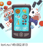 Mobile phone games concept with casino bowling ping-pong dice domino joystick darts and puzzle vector illustration.. Mobile phone games concept. Стоковая иллюстрация, агентство Ingram Publishing / Фотобанк Лори