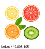 Sliced fruits top view set of lemon grapefruit orange and kiwi isolated vector illustration. Fruits Top Set. Стоковая иллюстрация, агентство Ingram Publishing / Фотобанк Лори