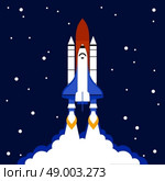 Launch concept with space rocket and stars on dark background flat vector illustration . Launch concept space rocket background. Стоковая иллюстрация, агентство Ingram Publishing / Фотобанк Лори