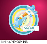 Social media communication network concept. Birdie holding megaphone from which fly blue birds cartoon design style. Стоковая иллюстрация, агентство Ingram Publishing / Фотобанк Лори