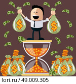 Smiling businessman standing on the hourglass in which coin holding bags of money. Winnings in lottery. Flying around dollar notes cartoon flat design style. Стоковая иллюстрация, агентство Ingram Publishing / Фотобанк Лори