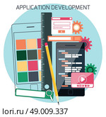 Icons for adaptive application development in flat design. Smartphones with site coding pencil and ruller. Стоковая иллюстрация, агентство Ingram Publishing / Фотобанк Лори