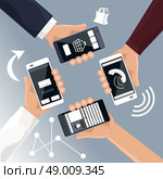 Hands holding smartphones telephones that call send sms bought products online cartoon flat design style. Стоковая иллюстрация, агентство Ingram Publishing / Фотобанк Лори
