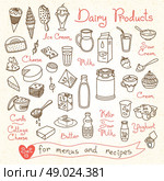 Set drawings of milk and dairy products for design menus, recipes and packages product. Vector Illustration. Стоковая иллюстрация, агентство Ingram Publishing / Фотобанк Лори