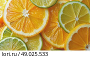 Bright citrus background. Thin slices of juicy fresh oranges, lemons and limes move from right to left. Summer cheerful mood with delicious fruits. Стоковое AI-видео, аниматор Ирина / Фотобанк Лори