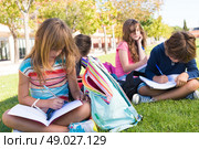 Group of little students sitting on the grass at school. Стоковое фото, агентство Ingram Publishing / Фотобанк Лори