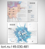 Vector set of tri-fold brochure design template on both sides with world globe element. Abstract hand drawn spotted colorful  background, composition for your design, vector illustration. Стоковая иллюстрация, агентство Ingram Publishing / Фотобанк Лори