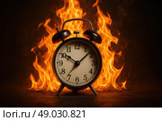 Будильник на фоне пламени, создающий драматическую атмосферу времени и скорости. Стоковое AI-изображение, AI-художник Башкирова Анна / Фотобанк Лори