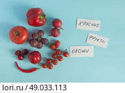 Красные фрукты и овощи и надписи на белой бумаге крупным планом сверху. Стоковое фото, фотограф Лозовая Людмила / Фотобанк Лори
