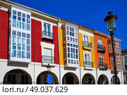 Santander street in Burgos arcades facades in Castilla Leon of Spain. Стоковое фото, агентство Ingram Publishing / Фотобанк Лори