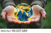 Glass glowing sphere of planet Earth In palms of hands is a ball with internal microclimate, caring for planet, clean environment, protecting ecology, geography, continents, travel. Стоковое AI-видео, аниматор Ольга Симонова / Фотобанк Лори