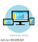 Responsive design concept. Set of realistic display laptop tablet computer smartphone and mobile phone template in flat design style. Different modern personal gadgets. Стоковая иллюстрация, агентство Ingram Publishing / Фотобанк Лори