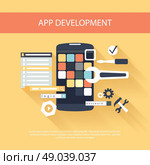 Flat design concept for app development with smartphone, tools, programing code on yellow background. Стоковая иллюстрация, агентство Ingram Publishing / Фотобанк Лори