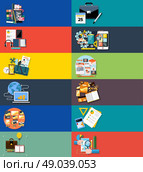 Icons set banners for applocation development, business seminar, business strategy, pay per click, brand design, business idea, adaptive development, analysis in flat design. Стоковая иллюстрация, агентство Ingram Publishing / Фотобанк Лори