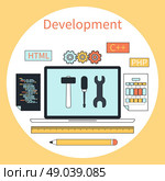 Flat design concept for web development with laptop, tools, programing code in circle frame on yellow background. Стоковая иллюстрация, агентство Ingram Publishing / Фотобанк Лори