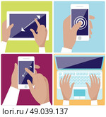 Flat design icon set with hands typing on keyboard of laptop,  hold smartphone showing some of multitouch gestures in flat design. Стоковая иллюстрация, агентство Ingram Publishing / Фотобанк Лори