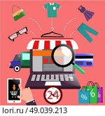 Internet shopping concept laptop with awning of buying products via online shop store e-commerce ideas e-commerce symbols sale elements on stylish background. Стоковая иллюстрация, агентство Ingram Publishing / Фотобанк Лори