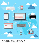 Flat design concept for wifi network with globe and connected router, laptop, digital tablet, e reader, smartphone. Стоковая иллюстрация, агентство Ingram Publishing / Фотобанк Лори