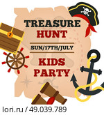 Pirates kids party announcement poster. Pirates hunt for treasure adventures kids party announcement poster with time and game accessories abstract vector illustration. Стоковая иллюстрация, агентство Ingram Publishing / Фотобанк Лори