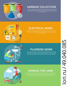 Plumbing work. Sanitary works. Plumber and wrench. Man moves with lawnmower, mows green grass. Garbage and recycling cans collection concept. Electrical work. Socket with devices on banners. Стоковая иллюстрация, агентство Ingram Publishing / Фотобанк Лори