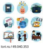 Set of flat icons of earnings, accounts, transport and market analysis, online business, documents, e-mail, idea, start up, analysis, meeting, performance, investment, marketing. Стоковая иллюстрация, агентство Ingram Publishing / Фотобанк Лори