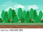 Game seamless summer landscape forest background. Computer and handheld electronic devices interactive videogame seamless summer forest landscape border background abstract vector illustration. Стоковая иллюстрация, агентство Ingram Publishing / Фотобанк Лори
