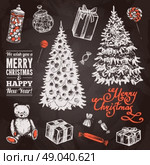 Chalkboard chrismas set with hand drawn pine tree sweets and gift boxes isolated vector illustration. Chalkboard Chrismas Set. Стоковая иллюстрация, агентство Ingram Publishing / Фотобанк Лори