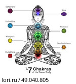  Yoga lotus pose meditating woman icon. Meditating in crossed-legged yoga lotus asana sitting woman with 7 body chakras symbols poster abstract vector illustration. Стоковая иллюстрация, агентство Ingram Publishing / Фотобанк Лори