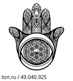 Muslim religious hamsa hand symbol with ornaments sketch vector illustration. Hamsa Hand Illustration. Стоковая иллюстрация, агентство Ingram Publishing / Фотобанк Лори