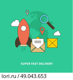 Concept of super fast delivery. Super fast and accurate. Flat design vector illustration. For web site construction, mobile applications, banners, corporate brochures, book covers, layouts etc. Стоковая иллюстрация, агентство Ingram Publishing / Фотобанк Лори