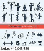 Icons set of man and woman doing warm-up and exercises with kettlebell, barbell and dumbbells. People jogging, practising yoga, playing basketball and tennis black icons. Стоковая иллюстрация, агентство Ingram Publishing / Фотобанк Лори