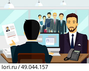 Concept of hiring recruiting interview. Look resume the applicant employer. Candidate and recruitment, hire and interviewer, decision and examination illustration. Стоковая иллюстрация, агентство Ingram Publishing / Фотобанк Лори