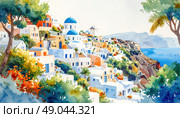 Santorini village with iconic blue domes illustrating Cycladic architecture, honeymoon getaway, or Mediterranean real estate allure. Стоковое AI-изображение, AI-художник Ольга Сухарева / Фотобанк Лори